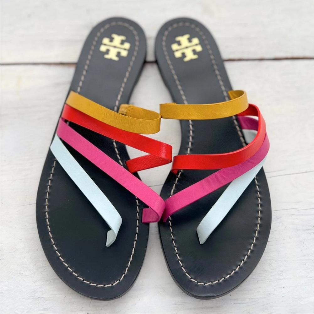 Tory Burch Patos Flat Slide On Multi Color Strappy Leather Sandals 6.5M Shoes TB - Picture 4 of 11